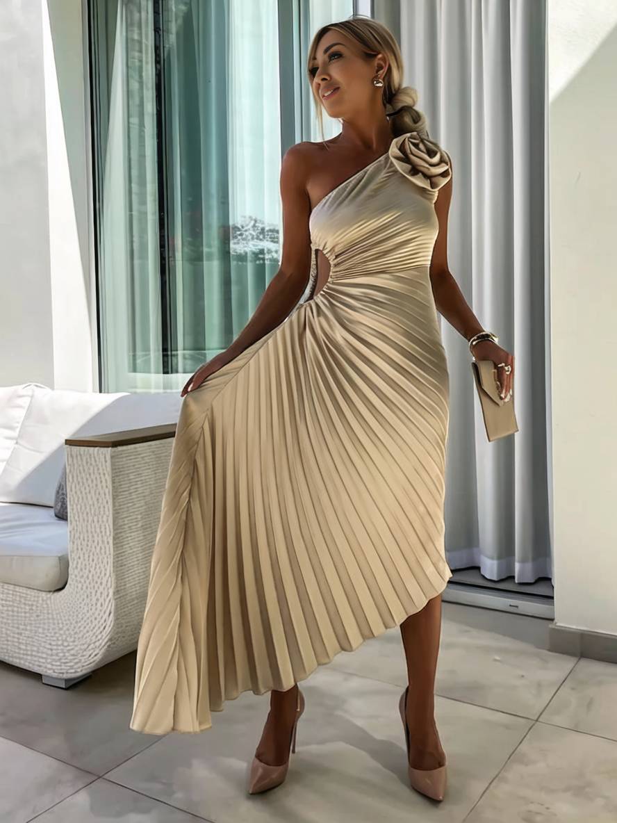 Valenzora | Long One-Shoulder Pleated Dress Sleeveless Feminine Elegant Casual Prom Beach