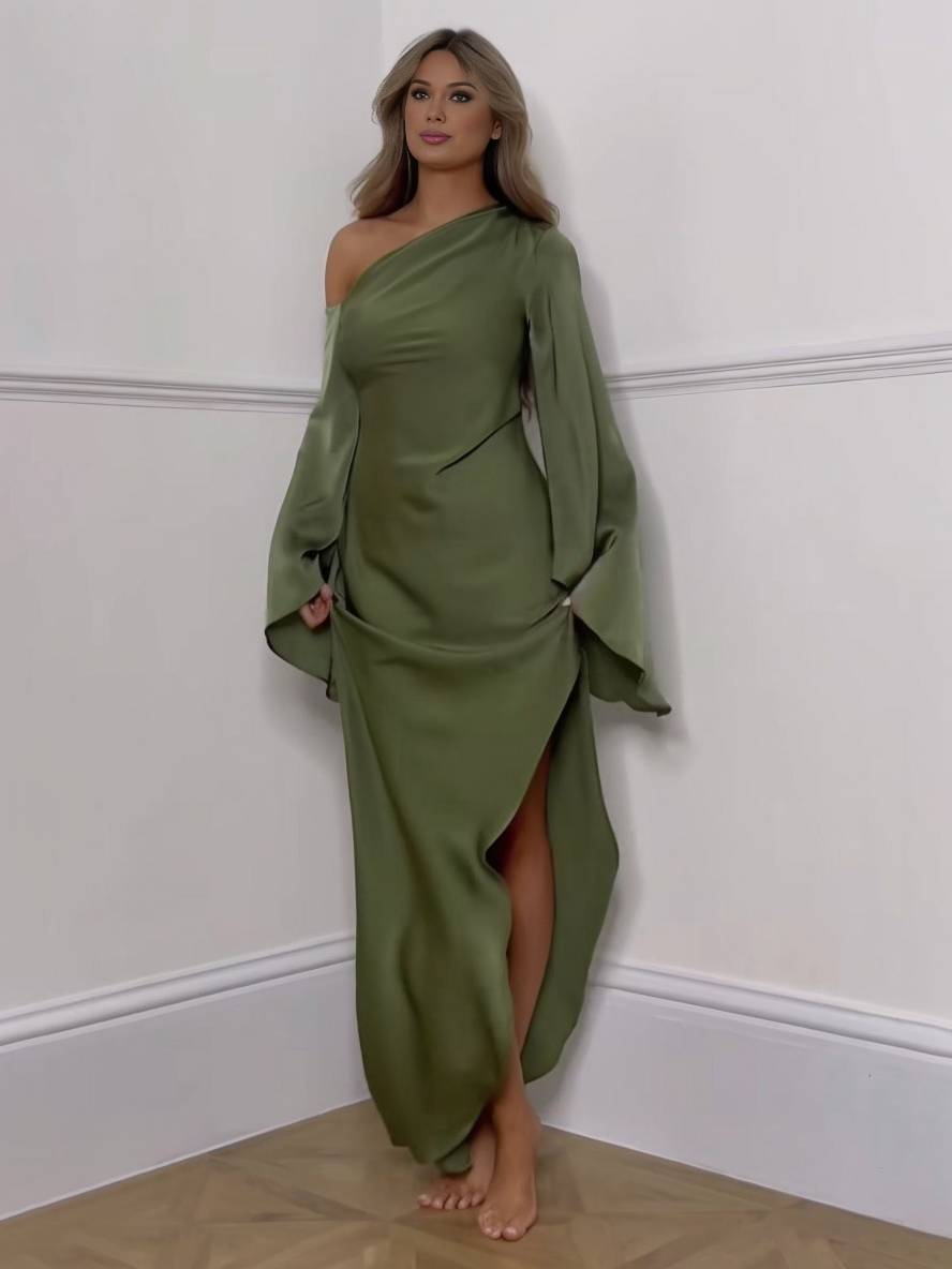 Valenzora | Langes One-Shoulder-Kleid mit Schlitz, Seide, Trompetenärmel, Langärmlig, Elegantes Ballkleid für Damen