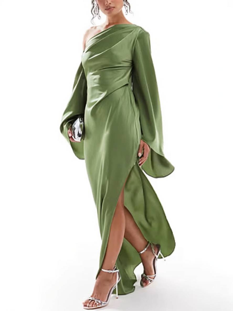 Valenzora | Langes One-Shoulder-Kleid mit Schlitz, Seide, Trompetenärmel, Langärmlig, Elegantes Ballkleid für Damen