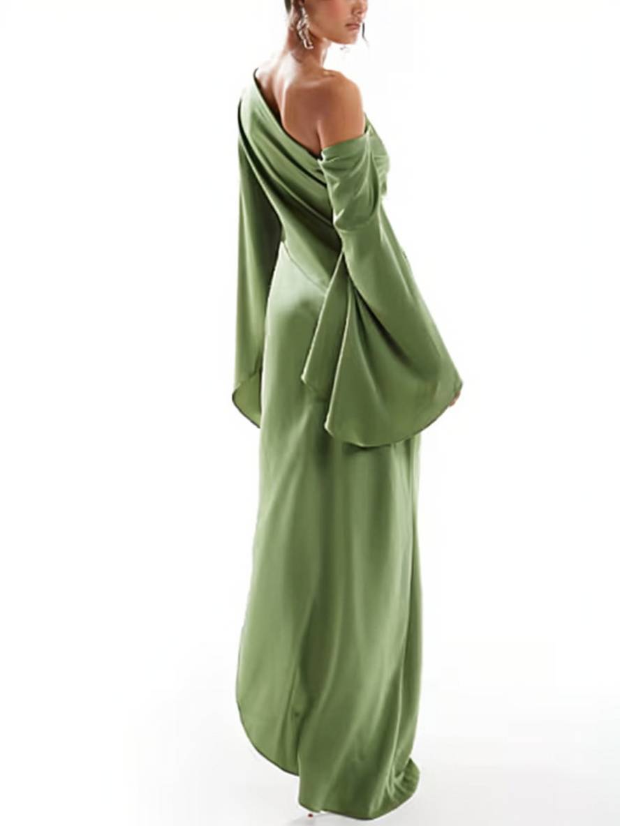 Valenzora | Langes One-Shoulder-Kleid mit Schlitz, Seide, Trompetenärmel, Langärmlig, Elegantes Ballkleid für Damen
