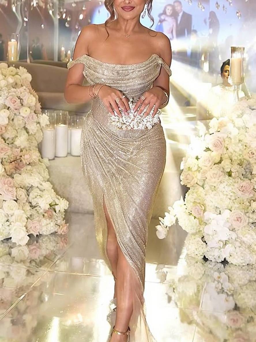 Valenzora | Long dress, shiny sequins, boat neck, irregular side slit, sleeveless, elegant evening dress for weddings