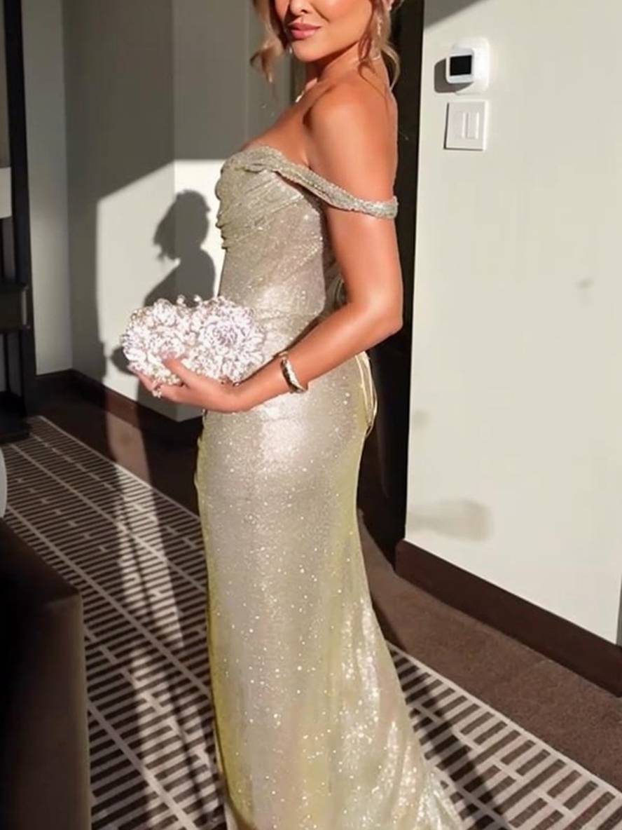 Valenzora | Long dress, shiny sequins, boat neck, irregular side slit, sleeveless, elegant evening dress for weddings