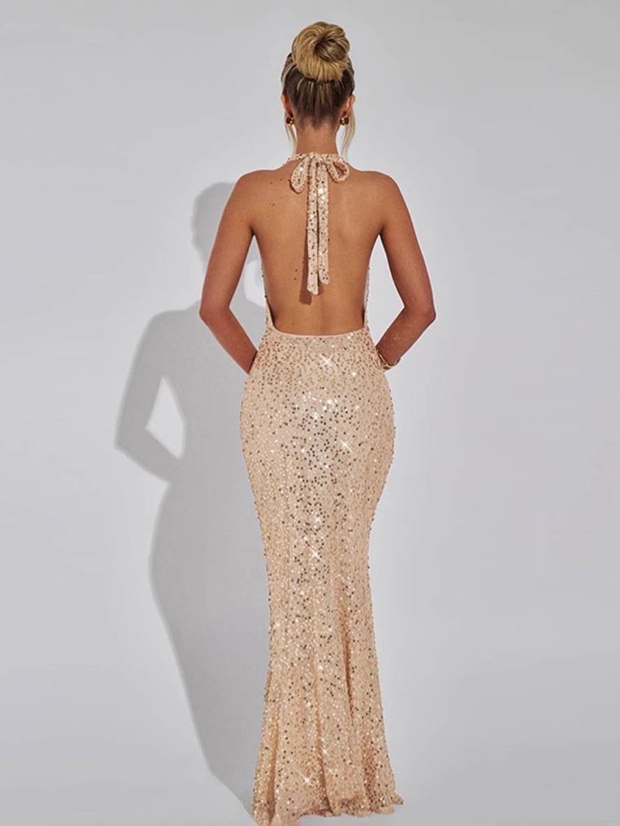 Valenzora | Long Shiny Sequin Mermaid Dress with Deep Neckline Halter Neck Backless Sleeveless Women's Elegant Evening Dress