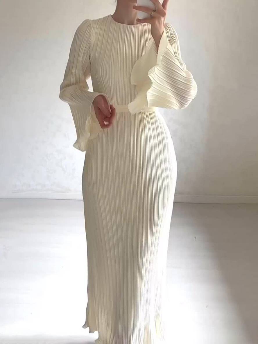 Valenzora | Long Flowing Dress Belt Round Neck Trumpet Sleeves Elegant Prom Evening