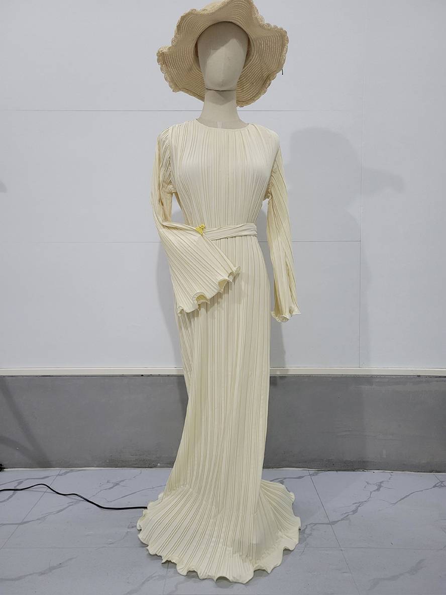 Valenzora | Long Flowing Dress Belt Round Neck Trumpet Sleeves Elegant Prom Evening