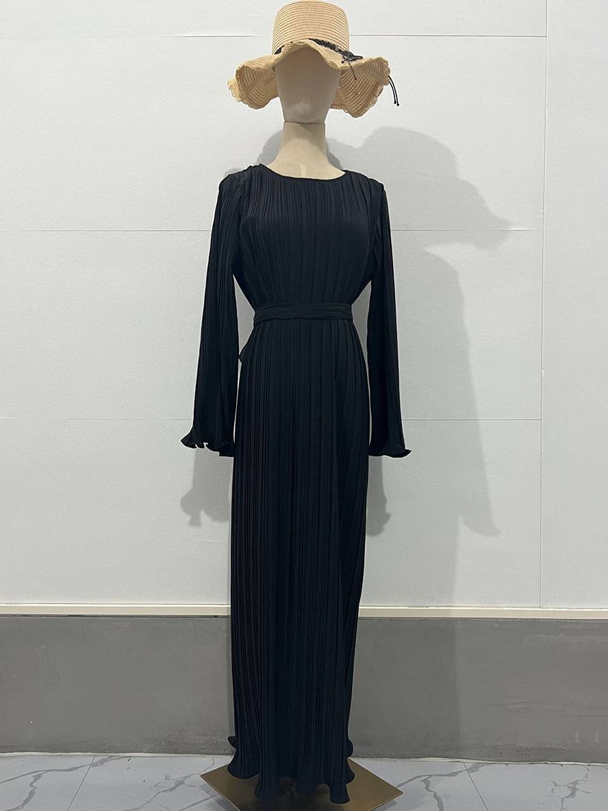 Valenzora | Long Flowing Dress Belt Round Neck Trumpet Sleeves Elegant Prom Evening