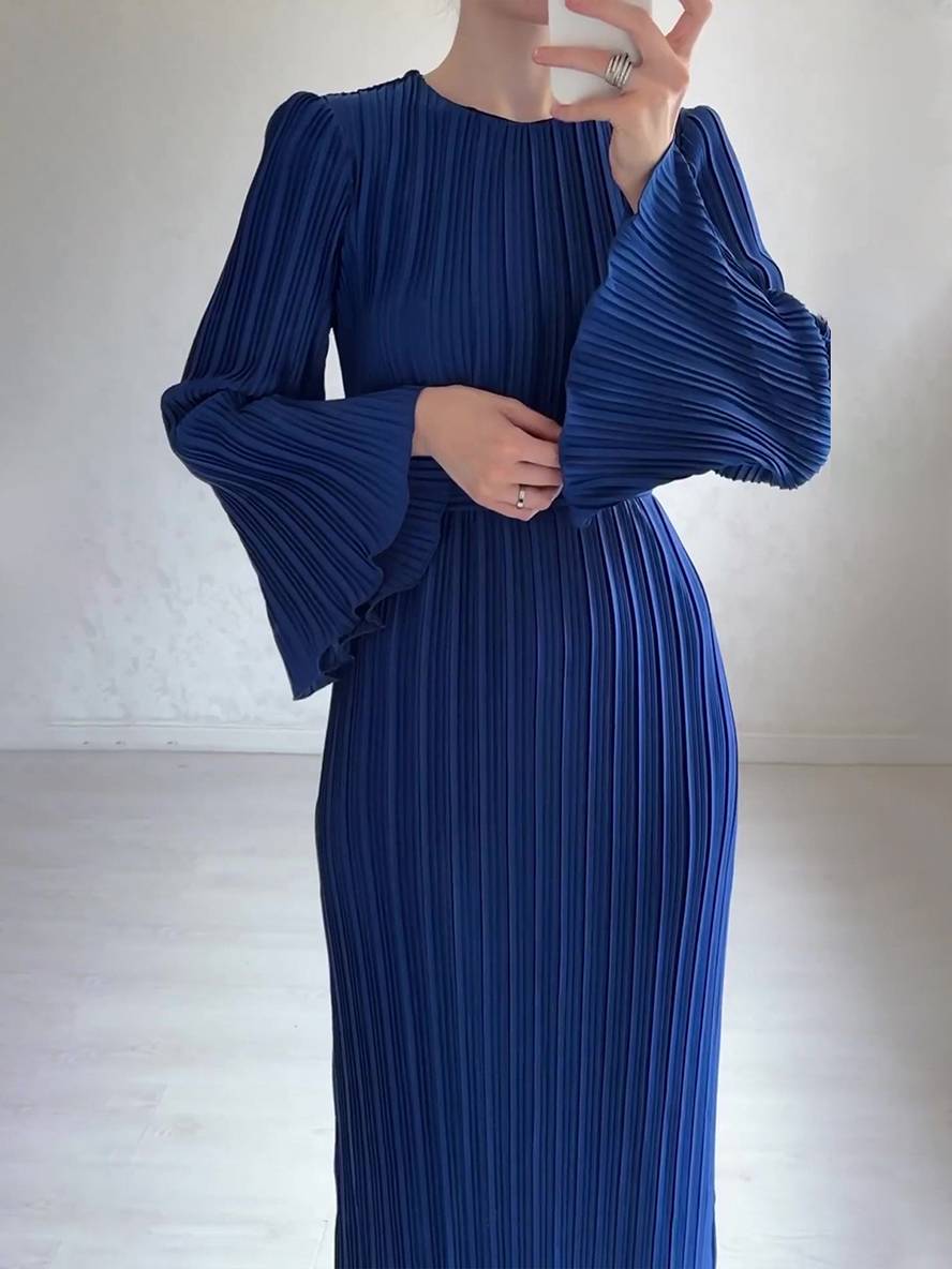 Valenzora | Long Flowing Dress Belt Round Neck Trumpet Sleeves Elegant Prom Evening