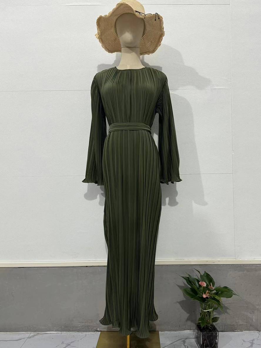 Valenzora | Long Flowing Dress Belt Round Neck Trumpet Sleeves Elegant Prom Evening