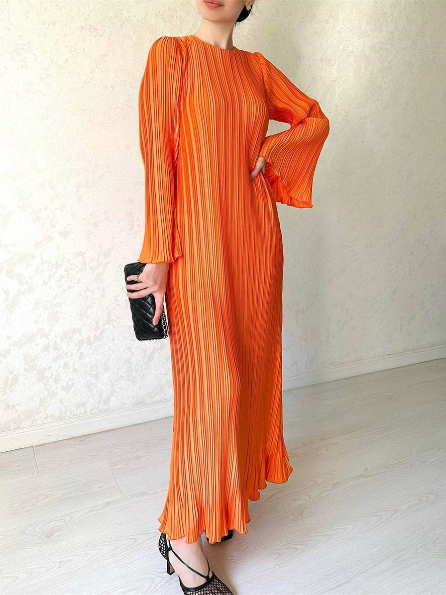 Valenzora | Long Flowing Dress Belt Round Neck Trumpet Sleeves Elegant Prom Evening