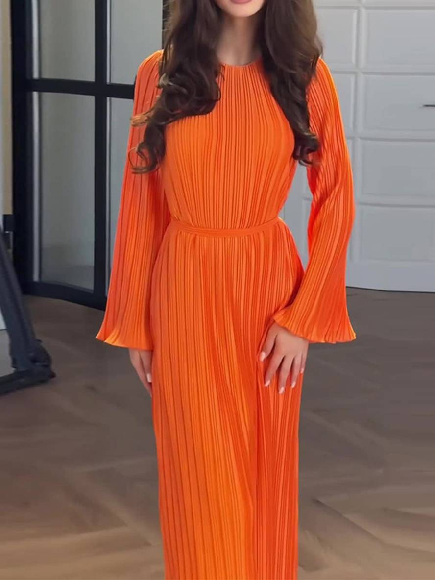 Valenzora | Long Flowing Dress Belt Round Neck Trumpet Sleeves Elegant Prom Evening