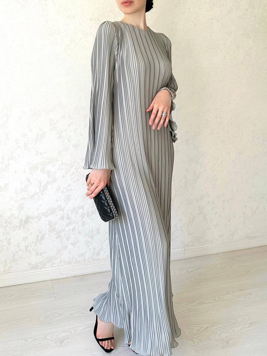 Valenzora | Long Flowing Dress Belt Round Neck Trumpet Sleeves Elegant Prom Evening