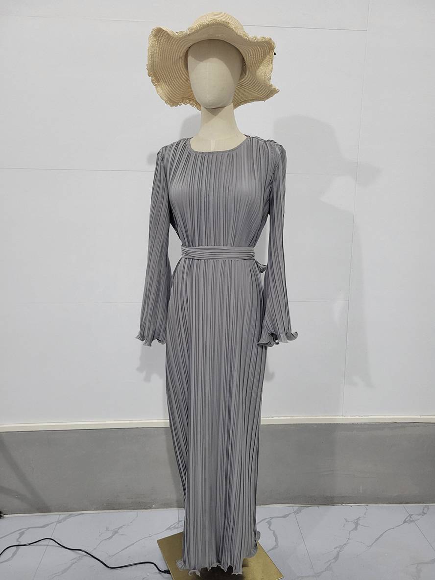 Valenzora | Long Flowing Dress Belt Round Neck Trumpet Sleeves Elegant Prom Evening