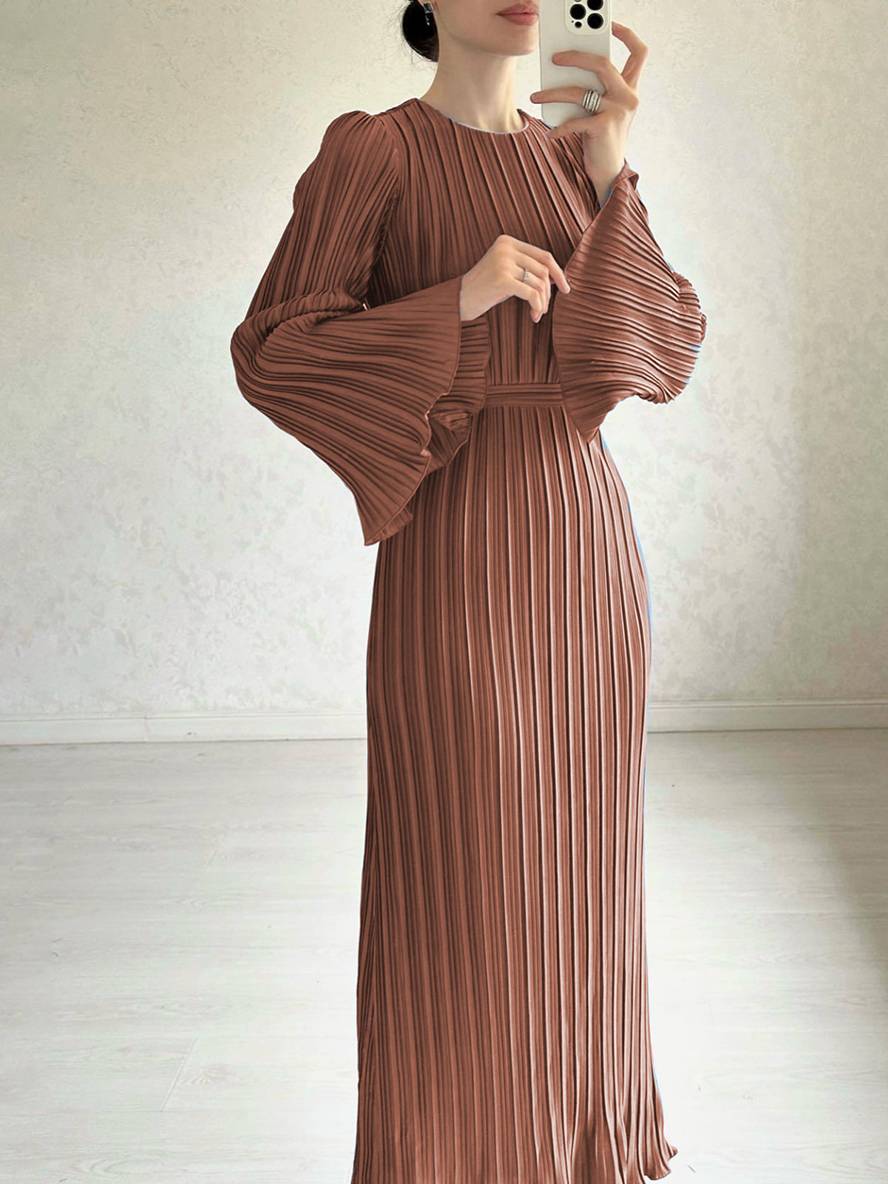 Valenzora | Long Flowing Dress Belt Round Neck Trumpet Sleeves Elegant Prom Evening