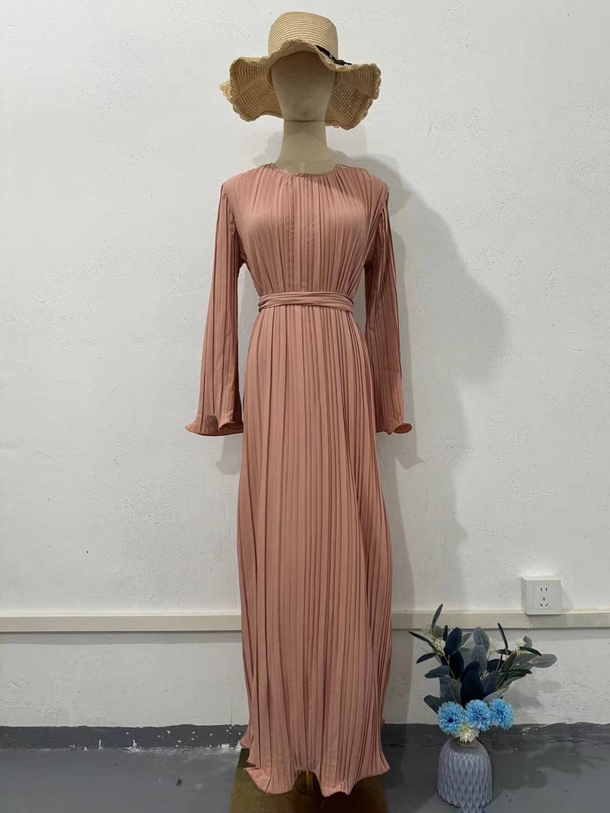 Valenzora | Long Flowing Dress Belt Round Neck Trumpet Sleeves Elegant Prom Evening