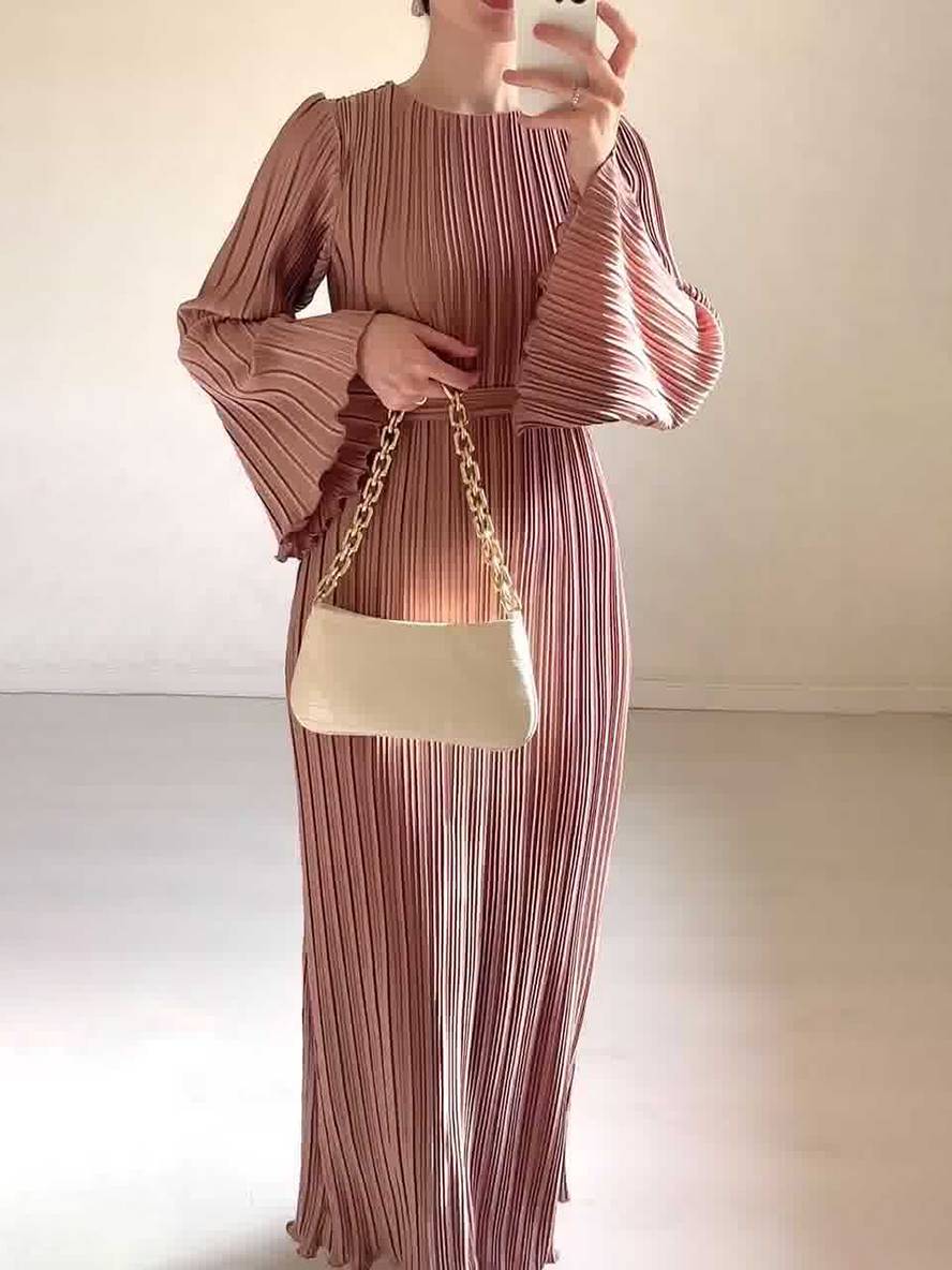Valenzora | Long Flowing Dress Belt Round Neck Trumpet Sleeves Elegant Prom Evening