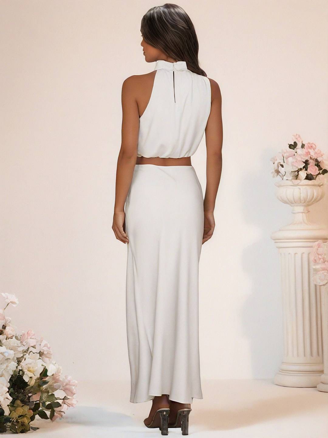 Valenzora | Bridesmaid Dress Satin Turtleneck Sleeveless Cropped Long Skirt Women's Elegant Maid of Honor Dress