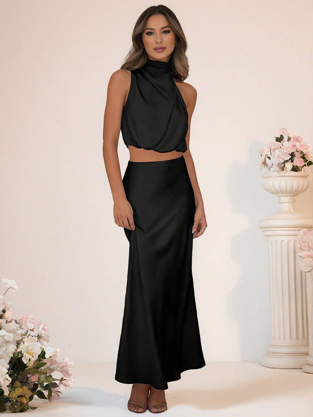 Valenzora | Bridesmaid Dress Satin Turtleneck Sleeveless Cropped Long Skirt Women's Elegant Maid of Honor Dress