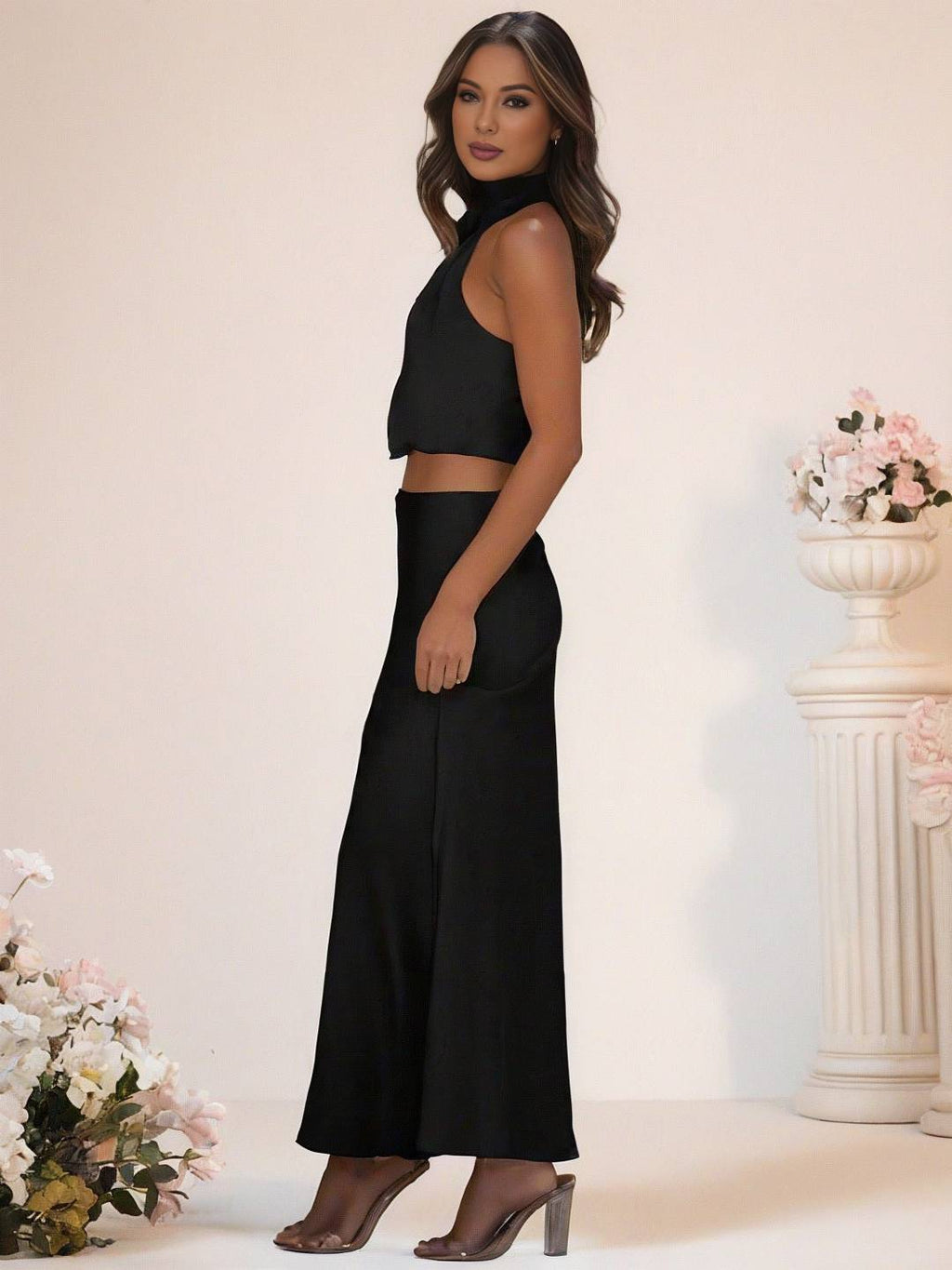 Valenzora | Bridesmaid Dress Satin Turtleneck Sleeveless Cropped Long Skirt Women's Elegant Maid of Honor Dress