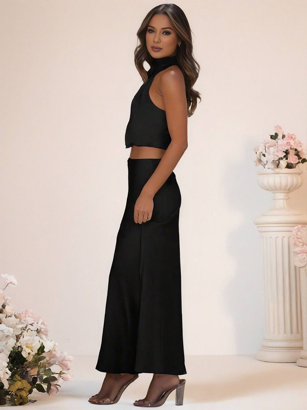 Valenzora | Bridesmaid Dress Satin Turtleneck Sleeveless Cropped Long Skirt Women's Elegant Maid of Honor Dress