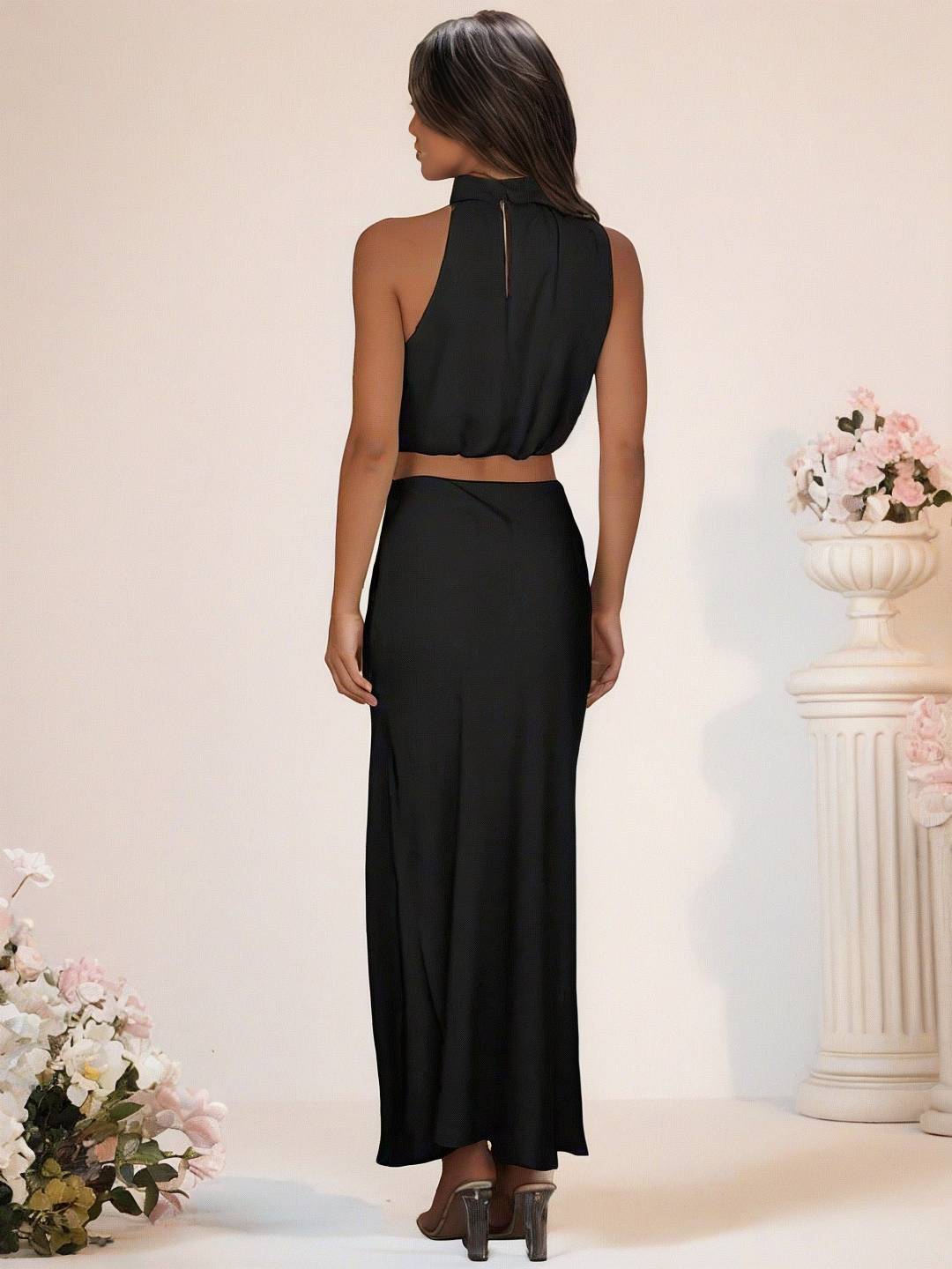 Valenzora | Bridesmaid Dress Satin Turtleneck Sleeveless Cropped Long Skirt Women's Elegant Maid of Honor Dress