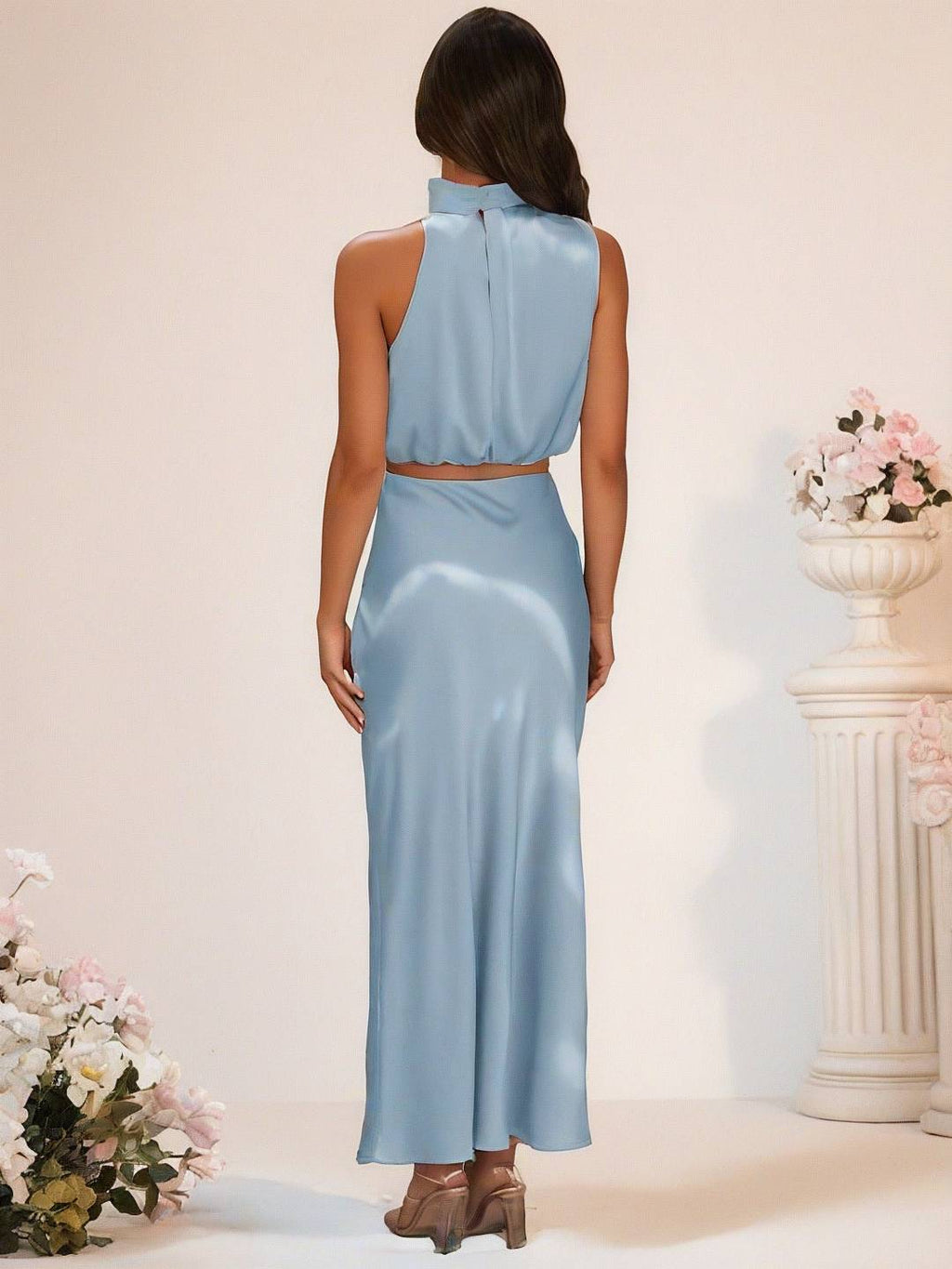 Valenzora | Bridesmaid Dress Satin Turtleneck Sleeveless Cropped Long Skirt Women's Elegant Maid of Honor Dress