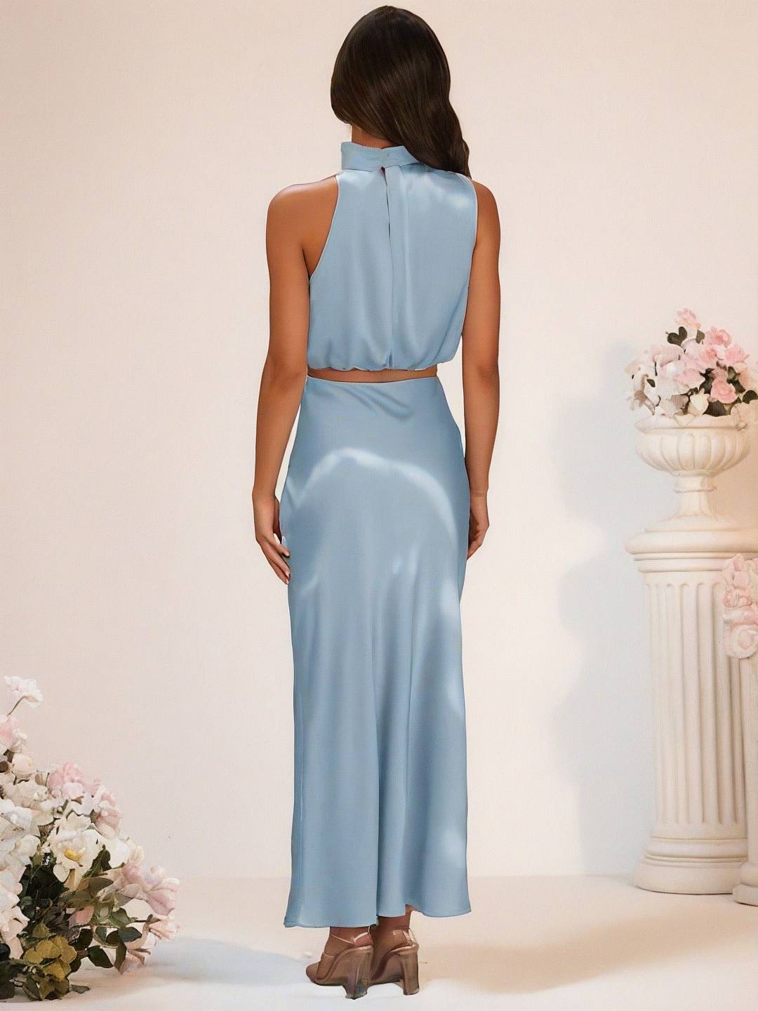 Valenzora | Bridesmaid Dress Satin Turtleneck Sleeveless Cropped Long Skirt Women's Elegant Maid of Honor Dress
