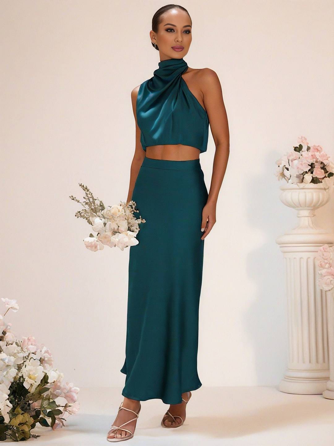 Valenzora | Bridesmaid Dress Satin Turtleneck Sleeveless Cropped Long Skirt Women's Elegant Maid of Honor Dress