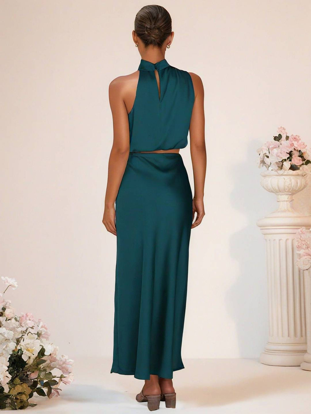 Valenzora | Bridesmaid Dress Satin Turtleneck Sleeveless Cropped Long Skirt Women's Elegant Maid of Honor Dress