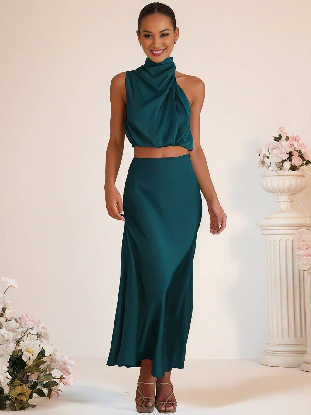 Valenzora | Bridesmaid Dress Satin Turtleneck Sleeveless Cropped Long Skirt Women's Elegant Maid of Honor Dress