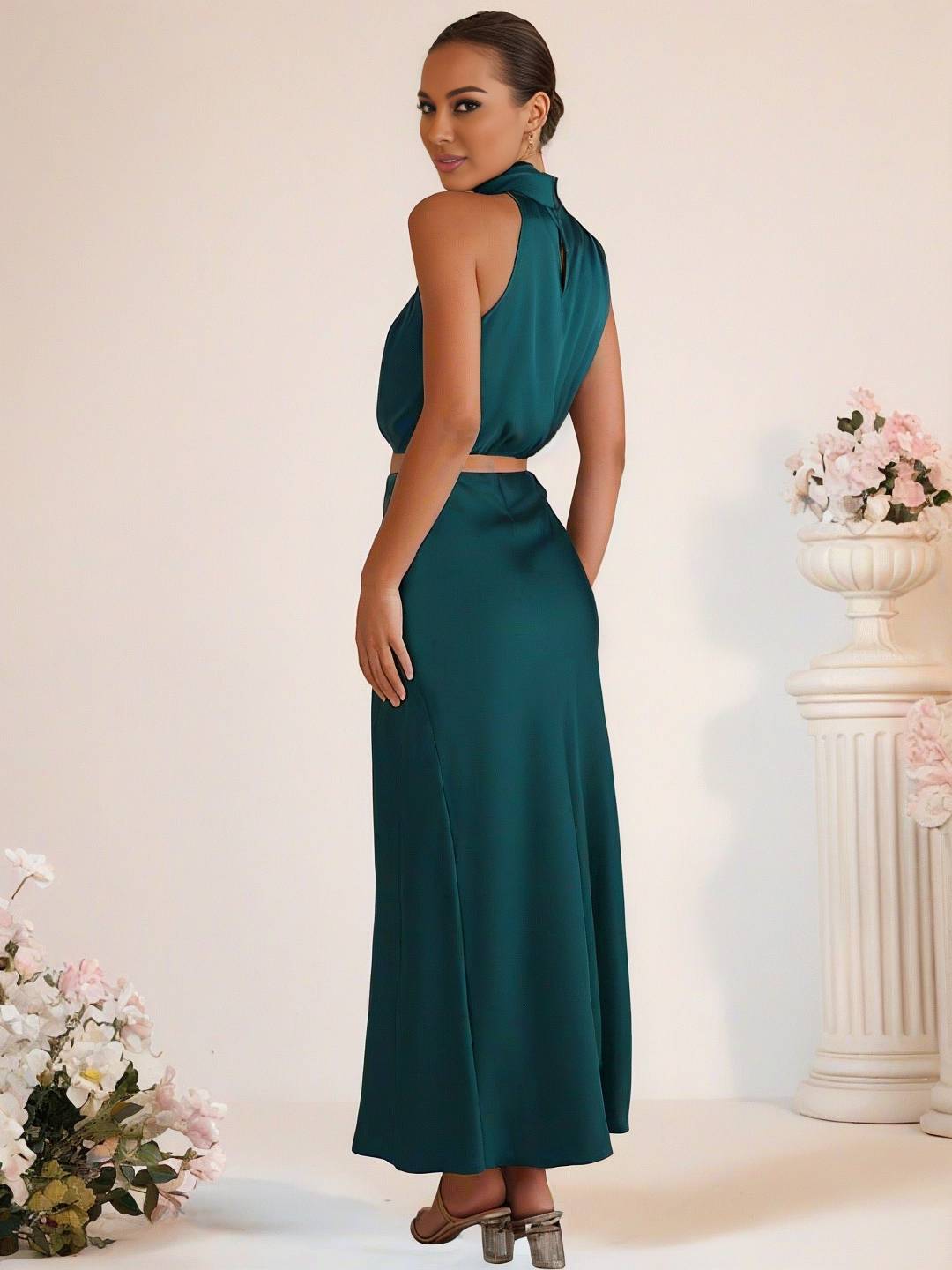 Valenzora | Bridesmaid Dress Satin Turtleneck Sleeveless Cropped Long Skirt Women's Elegant Maid of Honor Dress