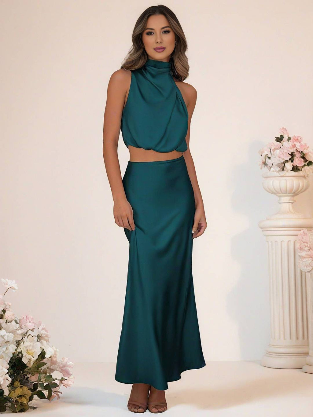Valenzora | Bridesmaid Dress Satin Turtleneck Sleeveless Cropped Long Skirt Women's Elegant Maid of Honor Dress