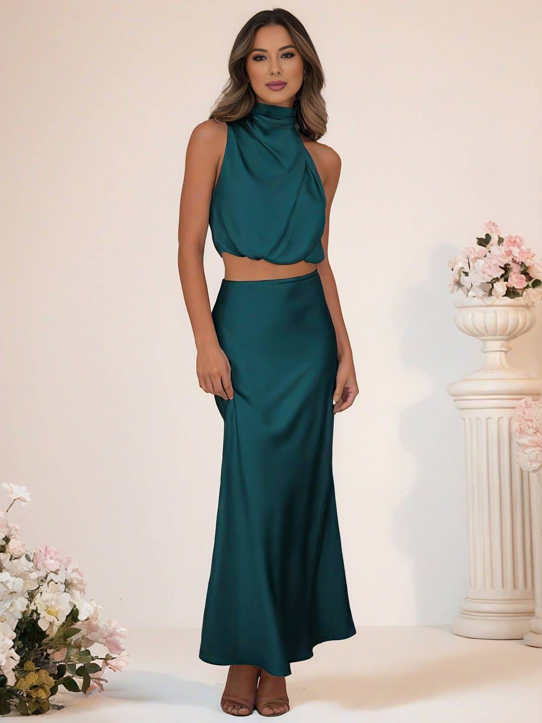 Valenzora | Bridesmaid Dress Satin Turtleneck Sleeveless Cropped Long Skirt Women's Elegant Maid of Honor Dress