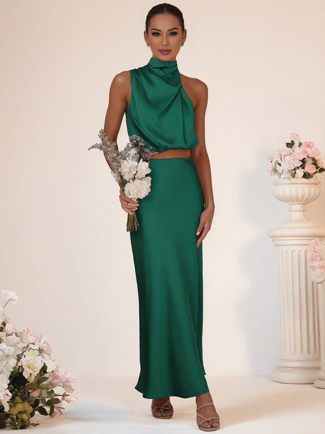 Valenzora | Bridesmaid Dress Satin Turtleneck Sleeveless Cropped Long Skirt Women's Elegant Maid of Honor Dress