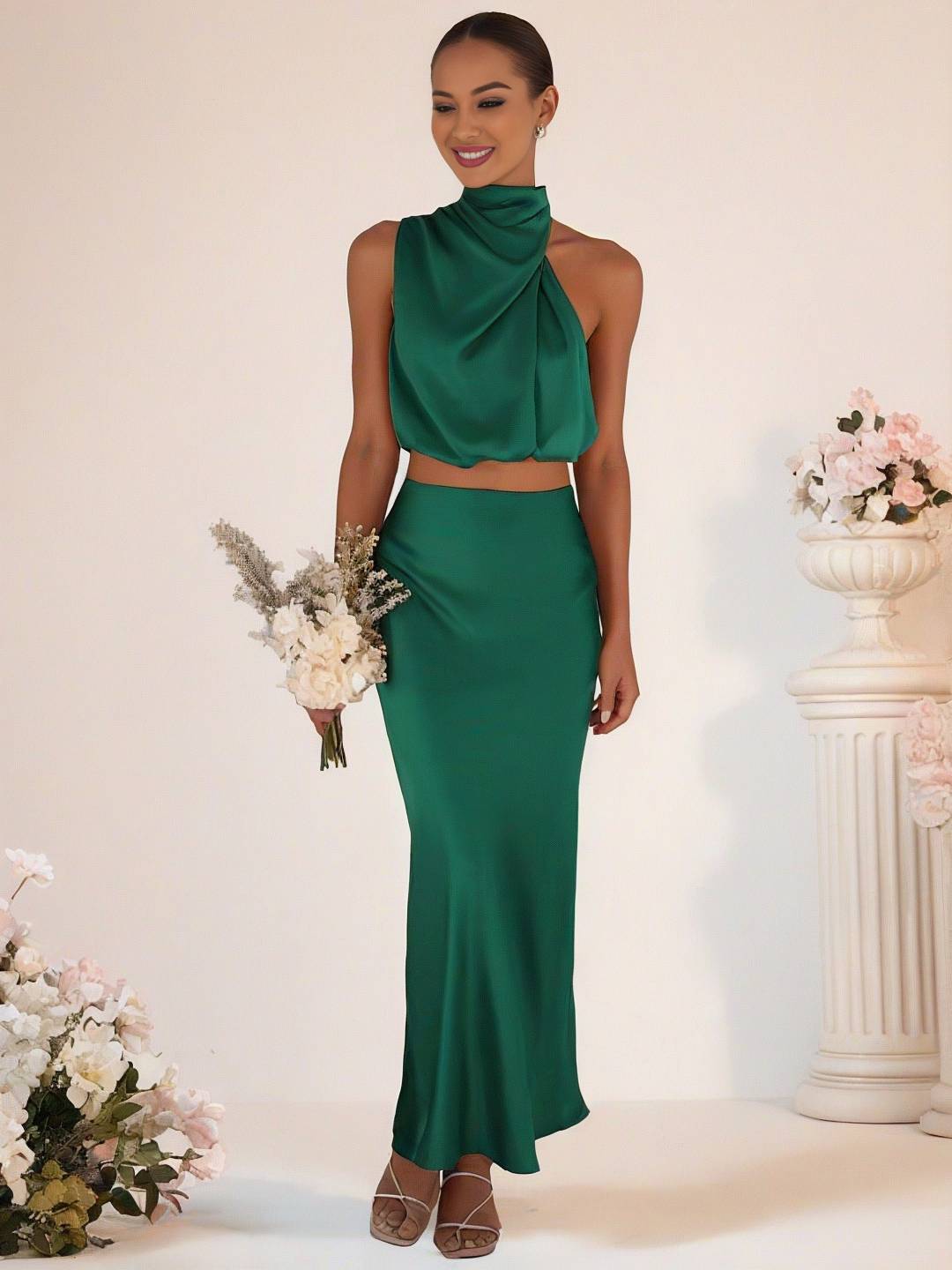 Valenzora | Bridesmaid Dress Satin Turtleneck Sleeveless Cropped Long Skirt Women's Elegant Maid of Honor Dress