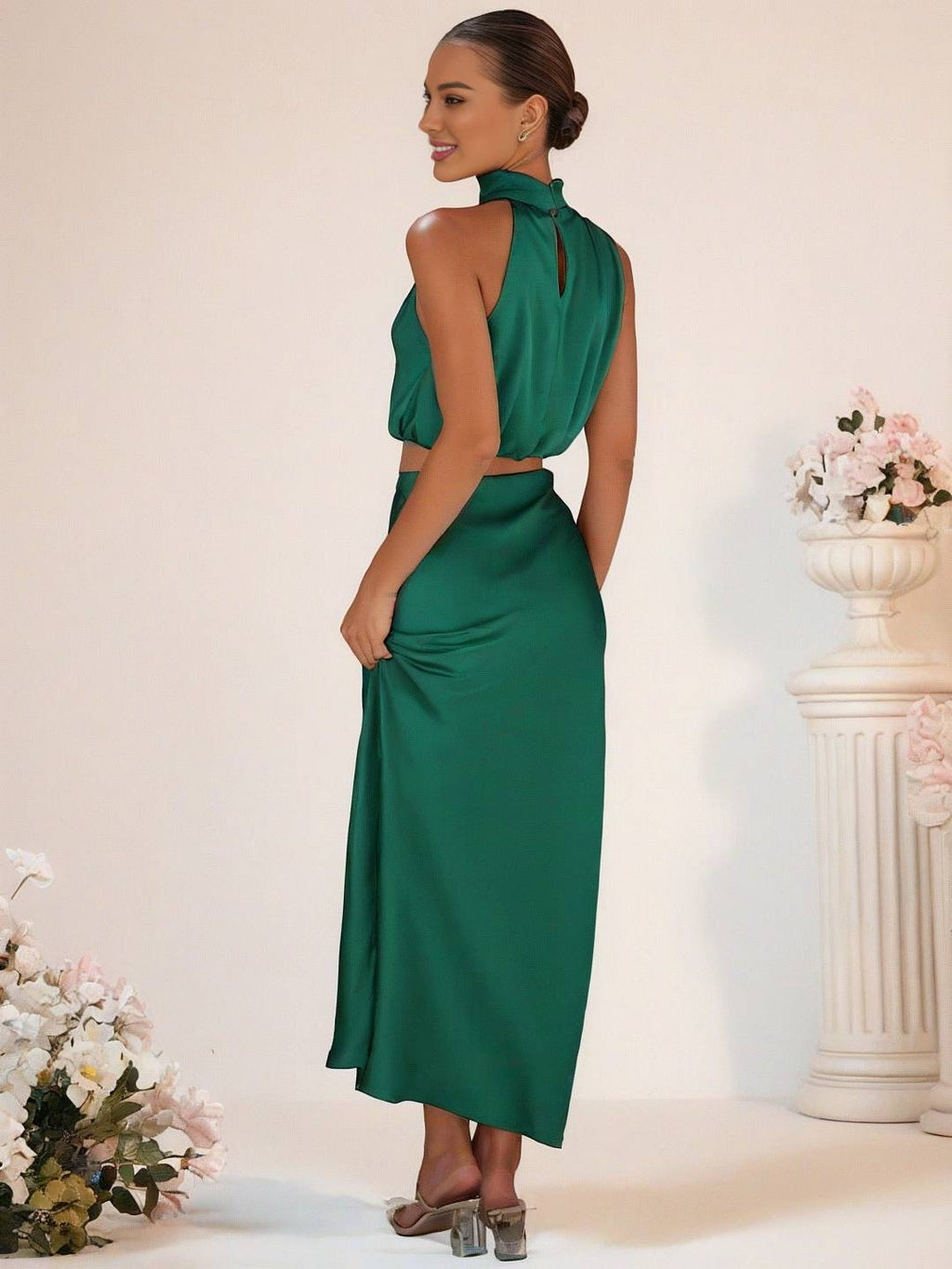 Valenzora | Bridesmaid Dress Satin Turtleneck Sleeveless Cropped Long Skirt Women's Elegant Maid of Honor Dress