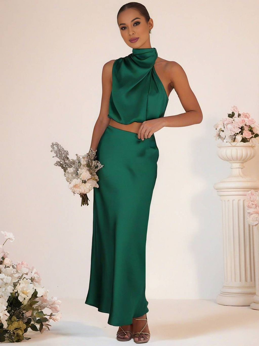 Valenzora | Bridesmaid Dress Satin Turtleneck Sleeveless Cropped Long Skirt Women's Elegant Maid of Honor Dress