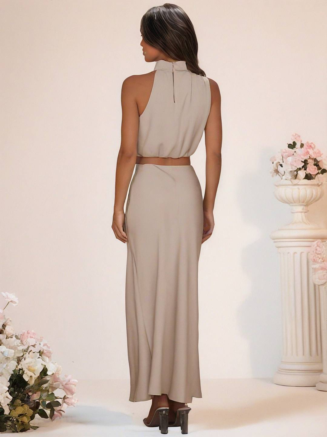 Valenzora | Bridesmaid Dress Satin Turtleneck Sleeveless Cropped Long Skirt Women's Elegant Maid of Honor Dress