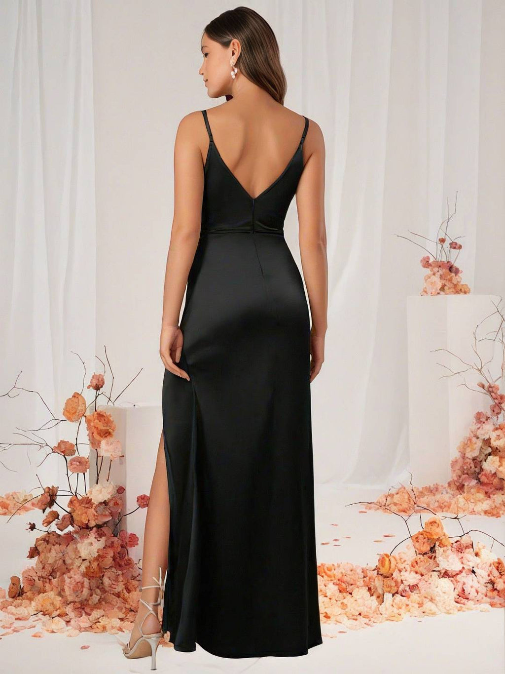 Valenzora | Brautjungfernkleid Satin V-Ausschnitt Geschlitzter Rücken Ärmelloses Abend-Gästekleid Hochzeitskleid