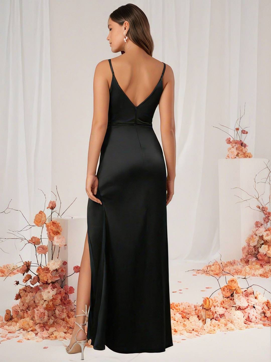 Valenzora | Brautjungfernkleid Satin V-Ausschnitt Geschlitzter Rücken Ärmelloses Abend-Gästekleid Hochzeitskleid