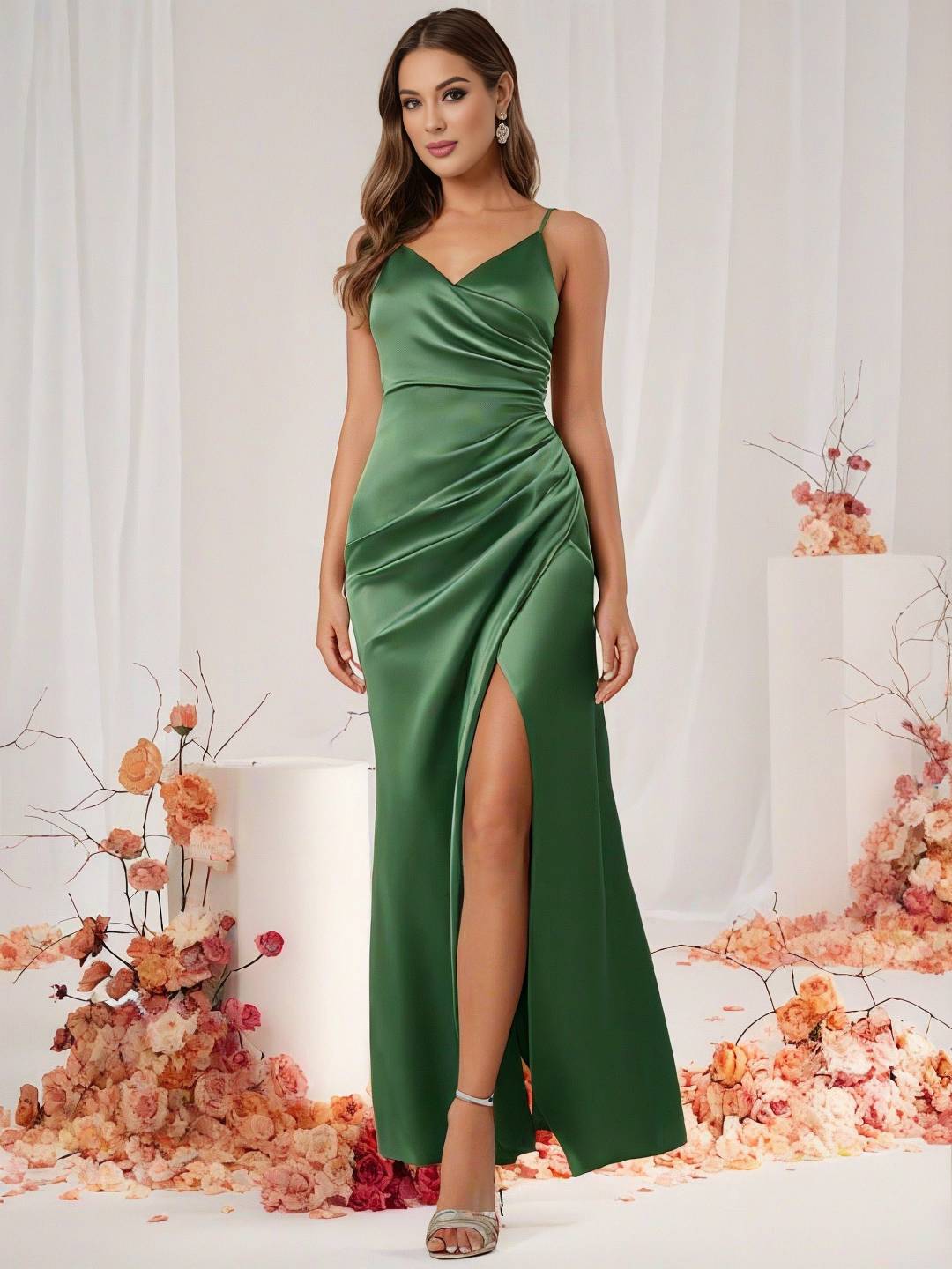 Valenzora | Brautjungfernkleid Satin V-Ausschnitt Geschlitzter Rücken Ärmelloses Abend-Gästekleid Hochzeitskleid