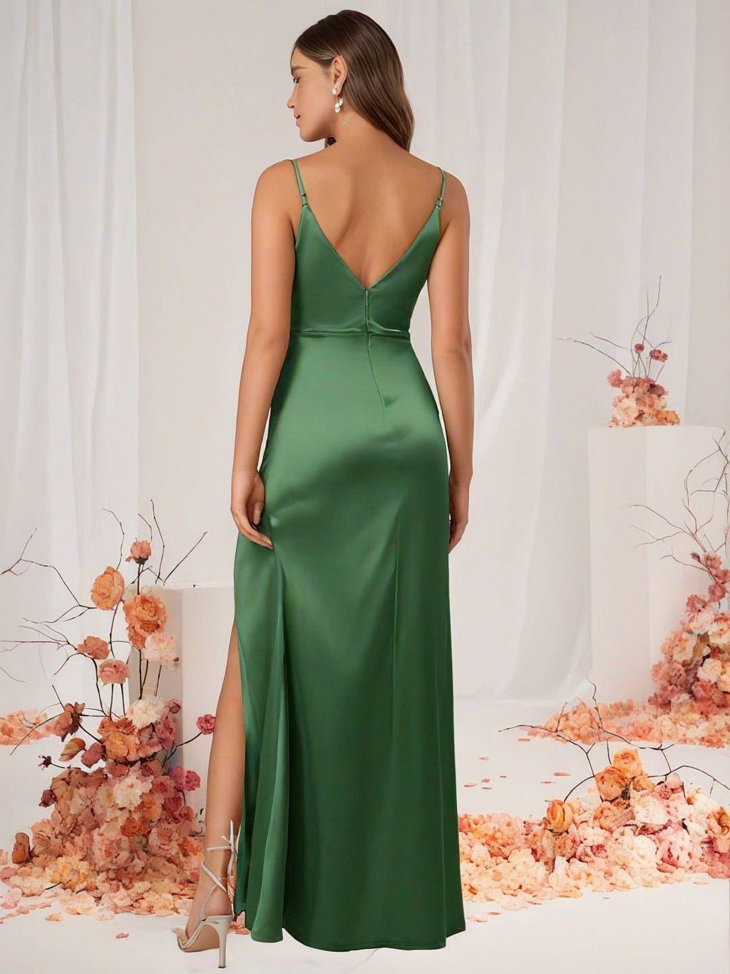 Valenzora | Brautjungfernkleid Satin V-Ausschnitt Geschlitzter Rücken Ärmelloses Abend-Gästekleid Hochzeitskleid