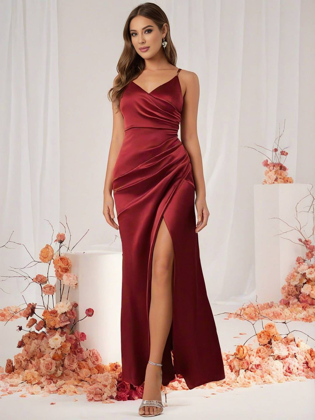 Valenzora | Brautjungfernkleid Satin V-Ausschnitt Geschlitzter Rücken Ärmelloses Abend-Gästekleid Hochzeitskleid