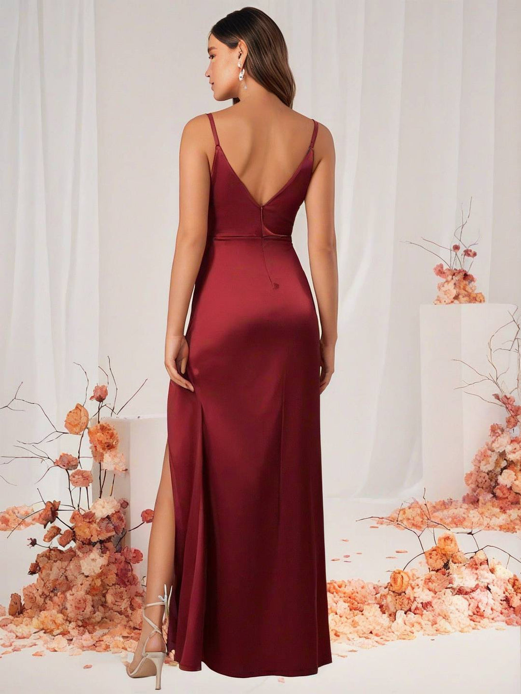 Valenzora | Brautjungfernkleid Satin V-Ausschnitt Geschlitzter Rücken Ärmelloses Abend-Gästekleid Hochzeitskleid
