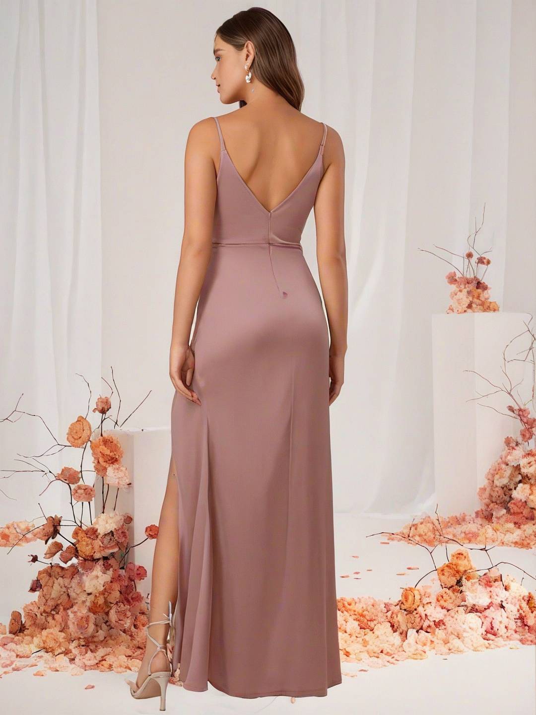 Valenzora | Brautjungfernkleid Satin V-Ausschnitt Geschlitzter Rücken Ärmelloses Abend-Gästekleid Hochzeitskleid