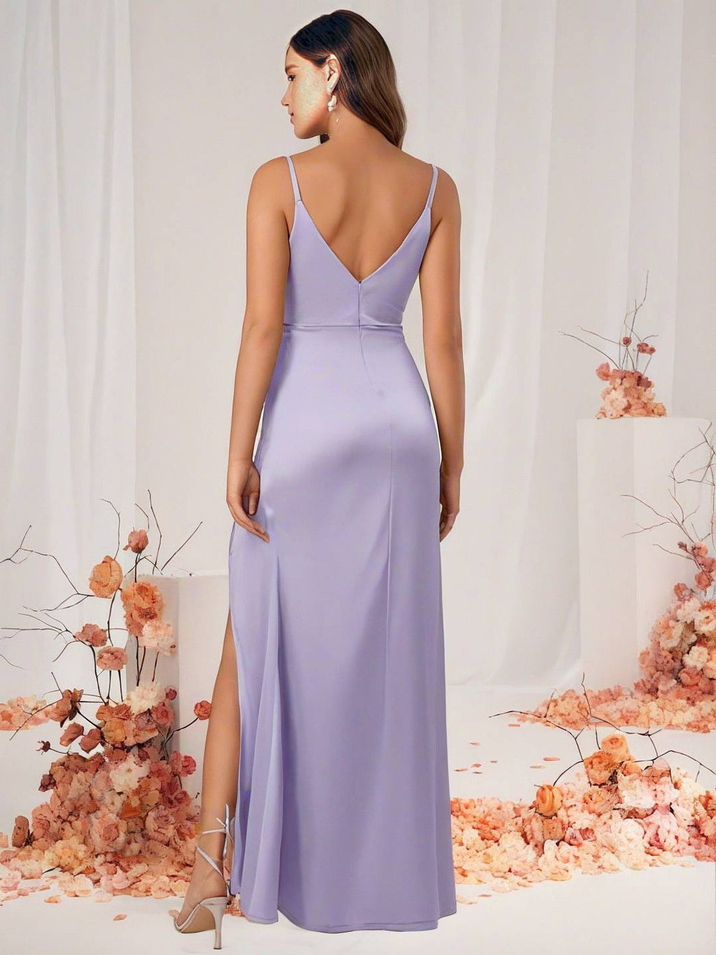 Valenzora | Brautjungfernkleid Satin V-Ausschnitt Geschlitzter Rücken Ärmelloses Abend-Gästekleid Hochzeitskleid