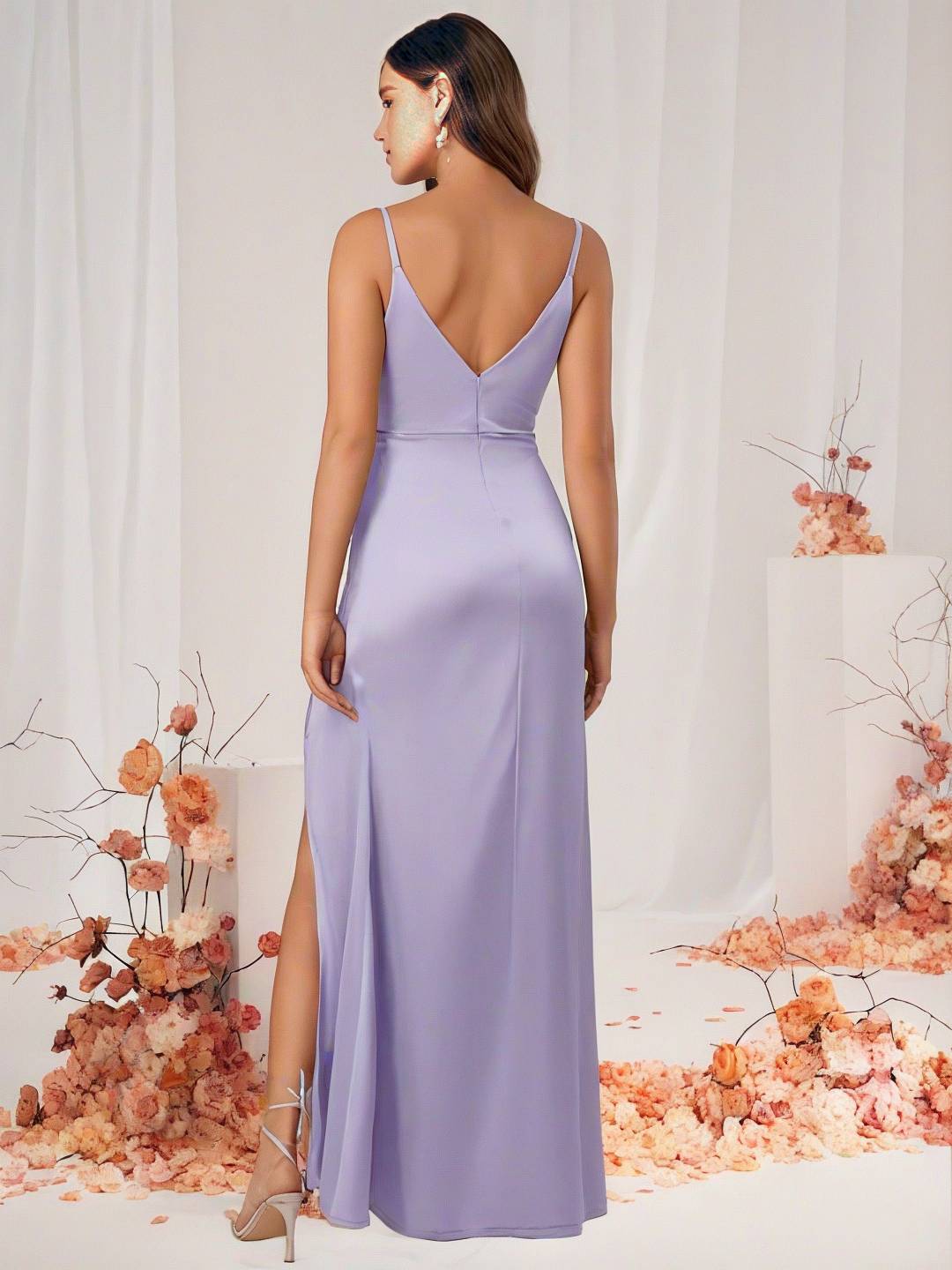 Valenzora | Brautjungfernkleid Satin V-Ausschnitt Geschlitzter Rücken Ärmelloses Abend-Gästekleid Hochzeitskleid