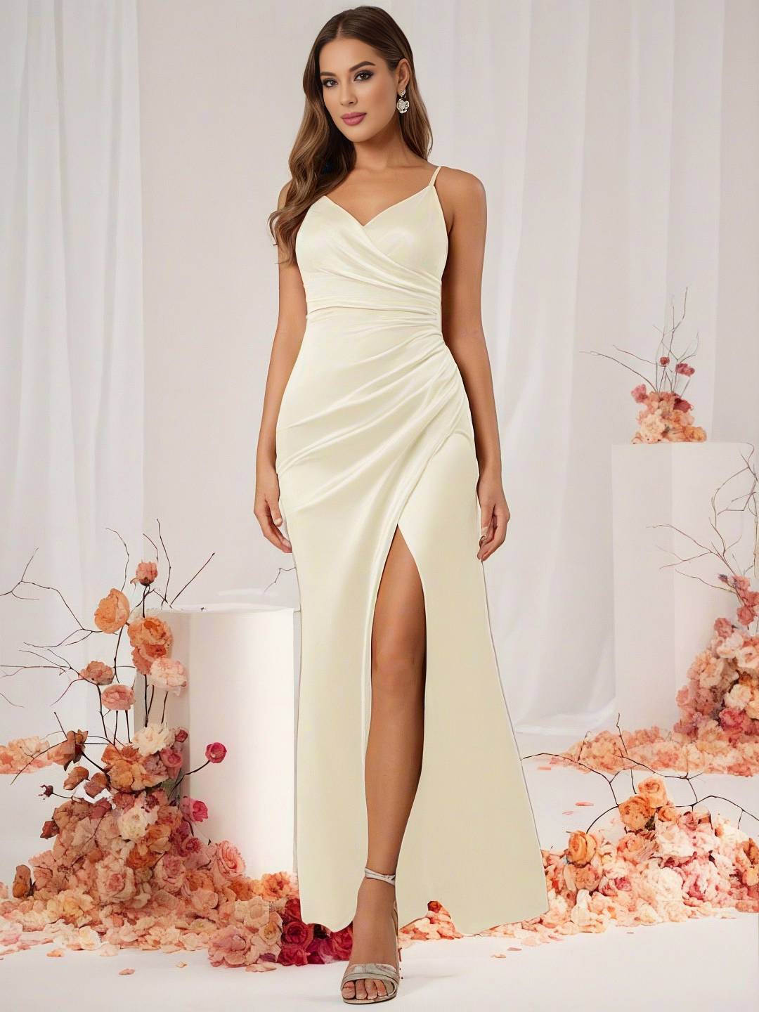 Valenzora | Brautjungfernkleid Satin V-Ausschnitt Geschlitzter Rücken Ärmelloses Abend-Gästekleid Hochzeitskleid