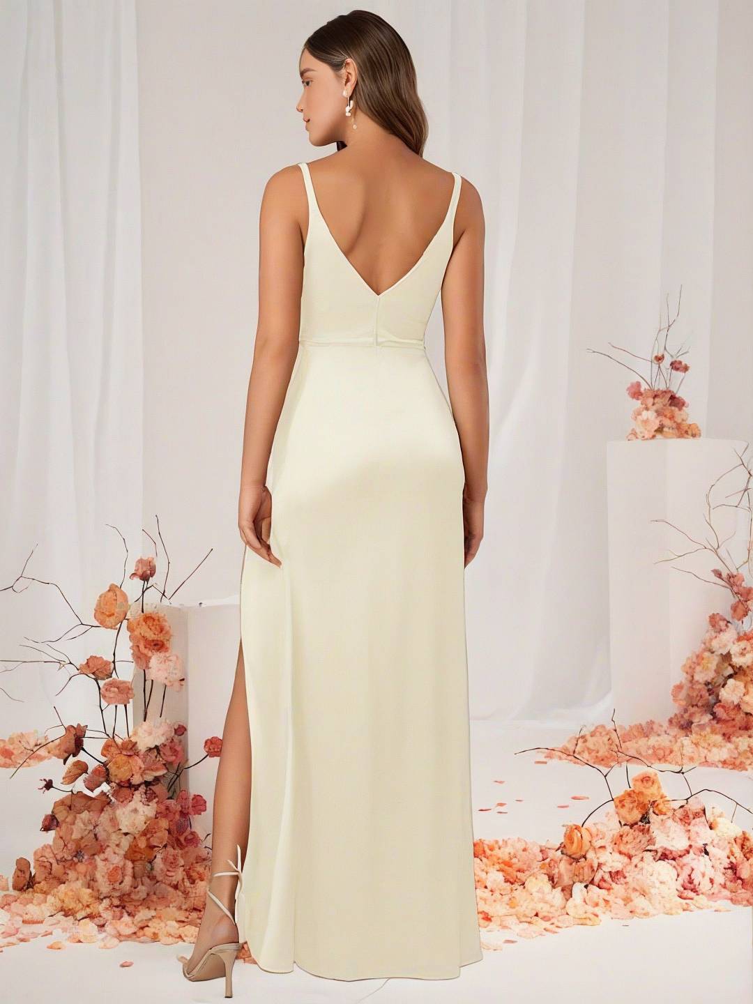 Valenzora | Brautjungfernkleid Satin V-Ausschnitt Geschlitzter Rücken Ärmelloses Abend-Gästekleid Hochzeitskleid