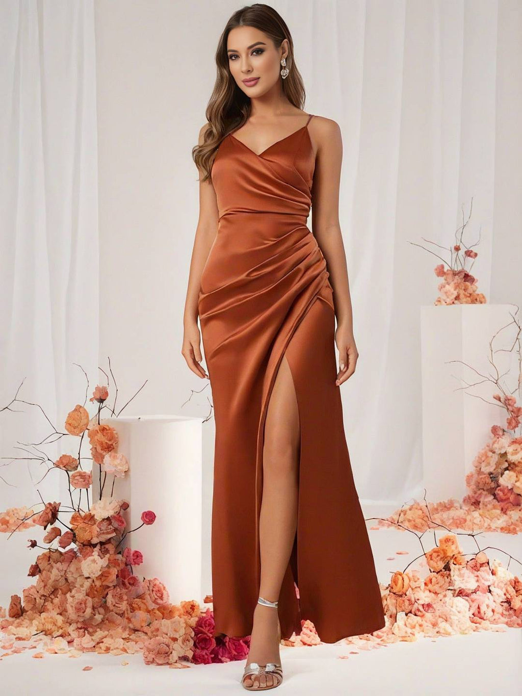Valenzora | Brautjungfernkleid Satin V-Ausschnitt Geschlitzter Rücken Ärmelloses Abend-Gästekleid Hochzeitskleid
