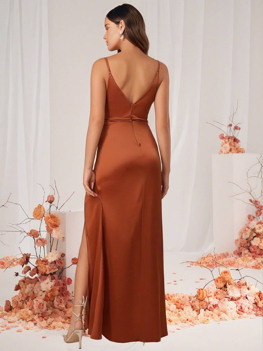 Valenzora | Brautjungfernkleid Satin V-Ausschnitt Geschlitzter Rücken Ärmelloses Abend-Gästekleid Hochzeitskleid